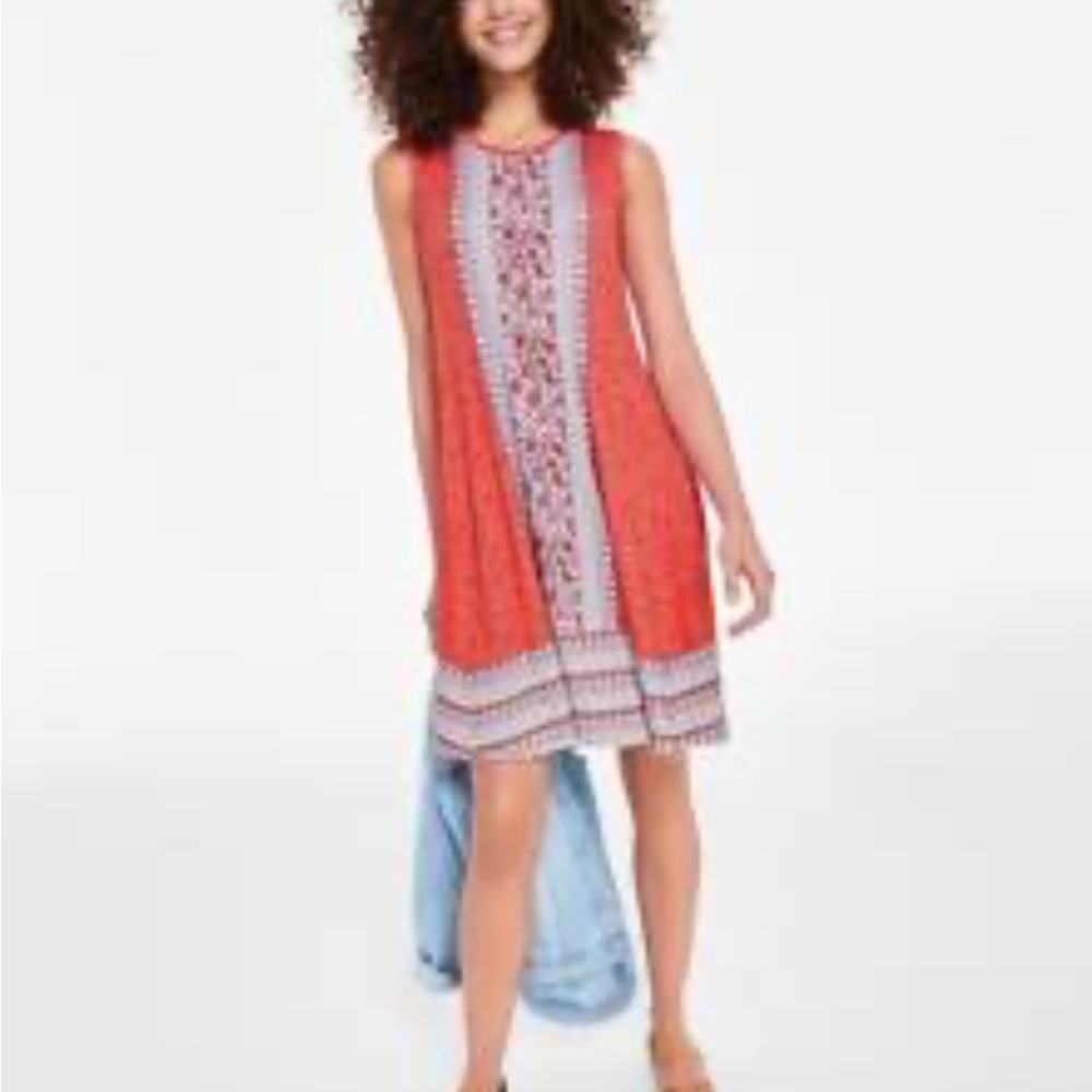 Style & Co Women's Sleeveless Tank Dress Mix Print Blood Orange Sz-Medium.